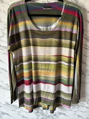 Nally & Millie XL Olive Multicolor Striped Long Sleeve Tunic